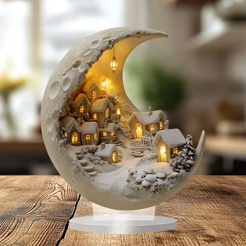 Home Decoration 2D Acrylic Ornament Light Moon Snow House